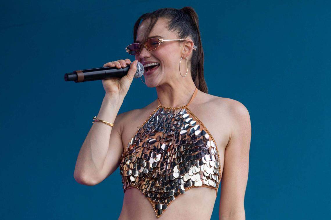 Sofi Tukker performs in The Beach Club inside Miami International Autodrome ahead of the Formula One Miami Grand Prix at the Miami International Autodrome on Sunday, May 4, 2025, in Miami Gardens, Fla.