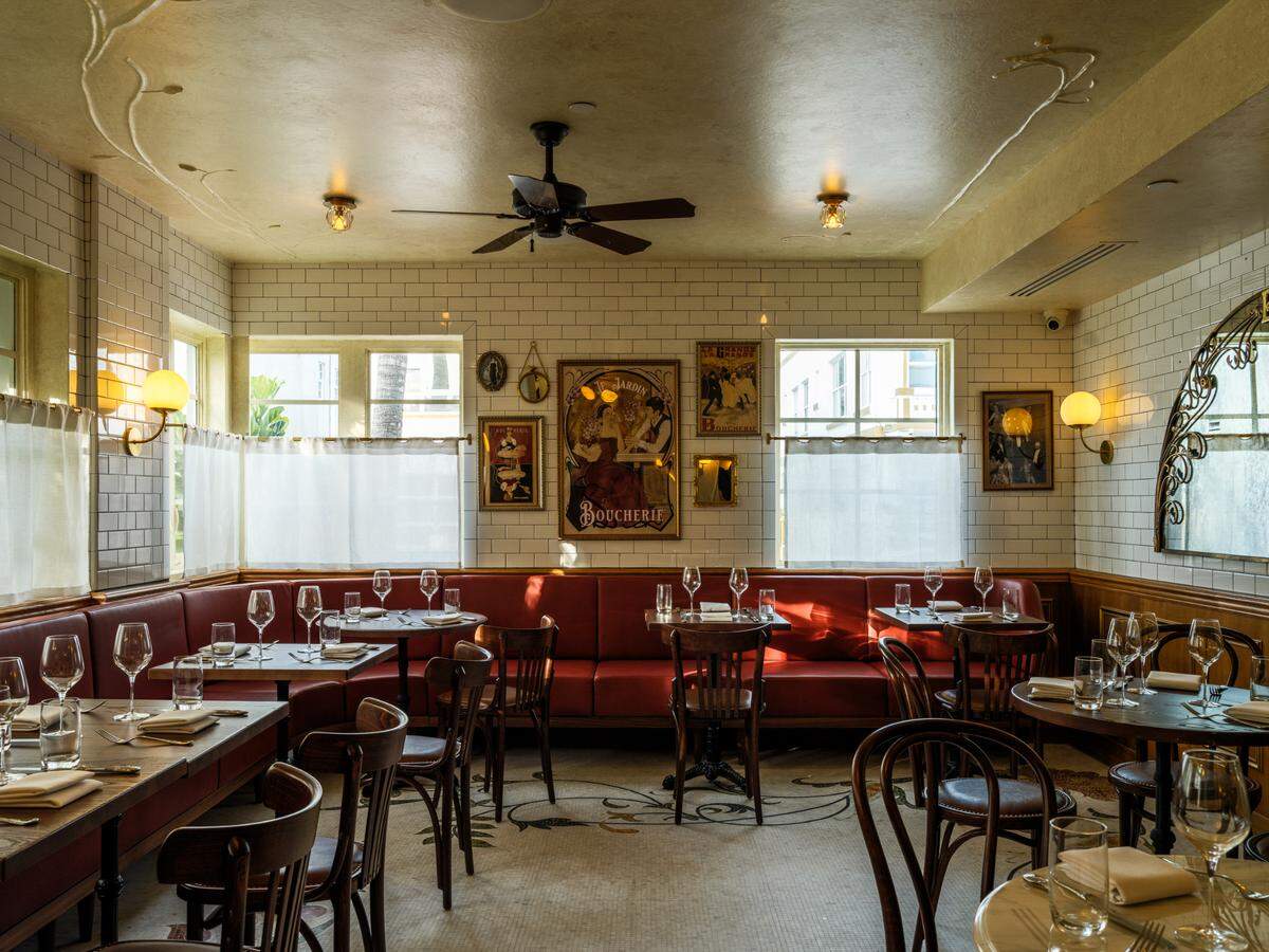 The downstairs dining room at La Grande Boucherie French restaurant in Miami Beach