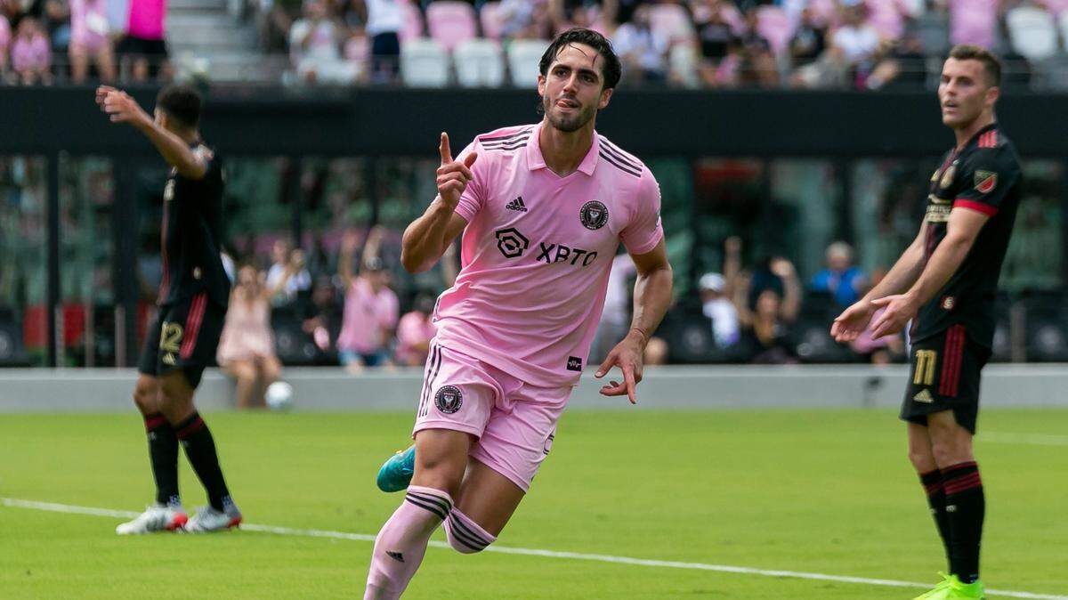Inter Miami CF forward Leonardo Campana (9) celebrates after scoring a goal against Atlanta United FC during the first half of their MLS soccer match at DRV PNK Stadium on Sunday, April 24, 2022, in Fort Lauderdale, Florida.