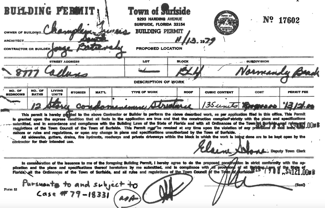 Original building permit dated Nov. 13, 1979, for Champlain Towers South listing Jorge Batievsky as contractor.