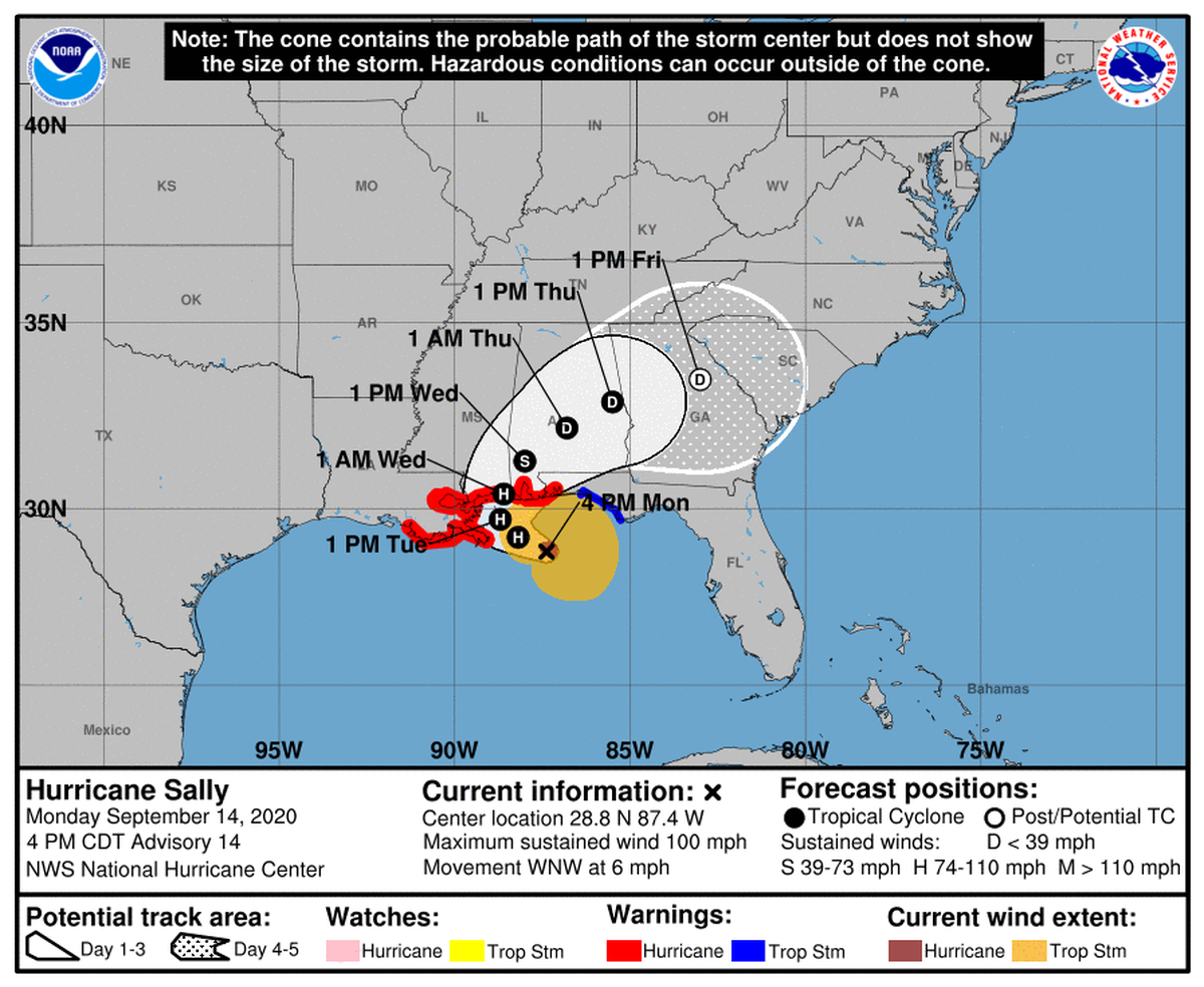 Hurricane Sally is a category 2 storm with 100 mph as it approaches the Gulf coast.