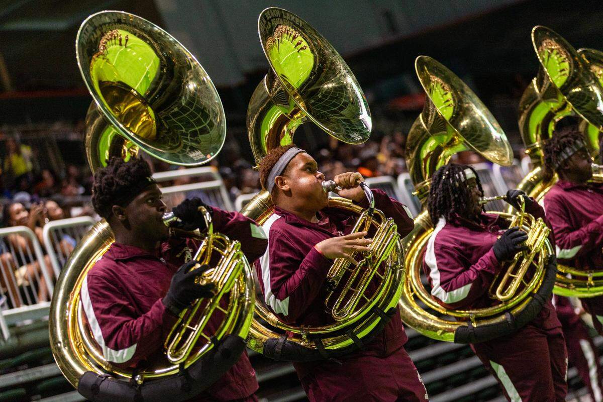 Tuba players from Palm Beach Lakes High’s ‘Ram Regiment Band’ performs during the Orange Blossom Classic Battle of the Bands at University of Miami’s Watsco Center on Saturday, August 31, 2024, in Coral Gables, Fla. 