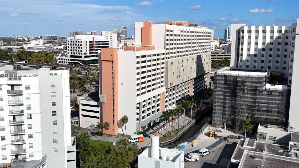 An aerial view of Jackson Medical Towers, at 1500 NW 12th Avenue in Miami, Florida on Jan. 2, 2025. The Public Health Trust of Jackson Health System has approved a deal with Related Urban to demolish two existing towers, known as Jackson Medical Towers, and construct affordable workforce housing and an extended stay hotel.