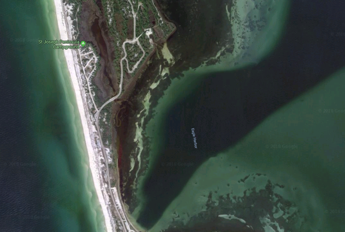 A Google Earth image before Hurricane Michael hit shows Cape San Blas Road  and powdery beaches that draw tourists looking for low-key vacations. Source: Google Earth