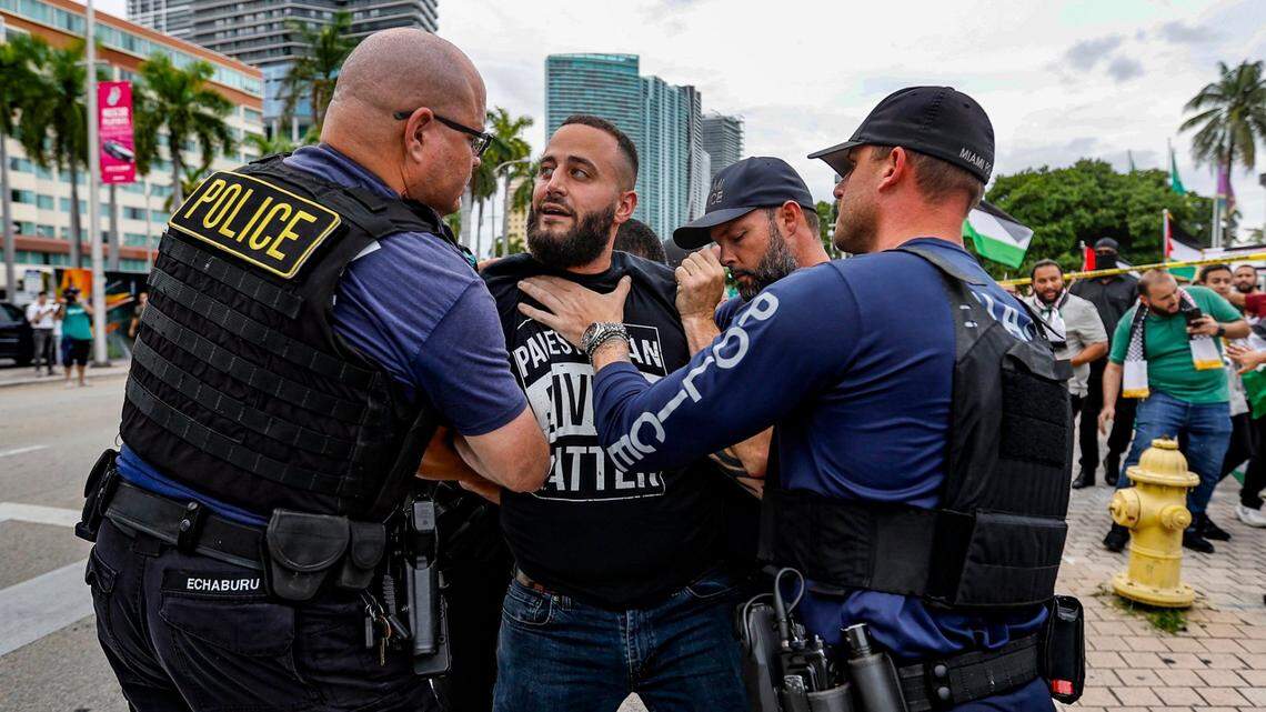 In this October 2023 photo, Miami police detain a pro-Palestinian protester during a rally on Bayfront Park days after the Hamas attacks on Israel.