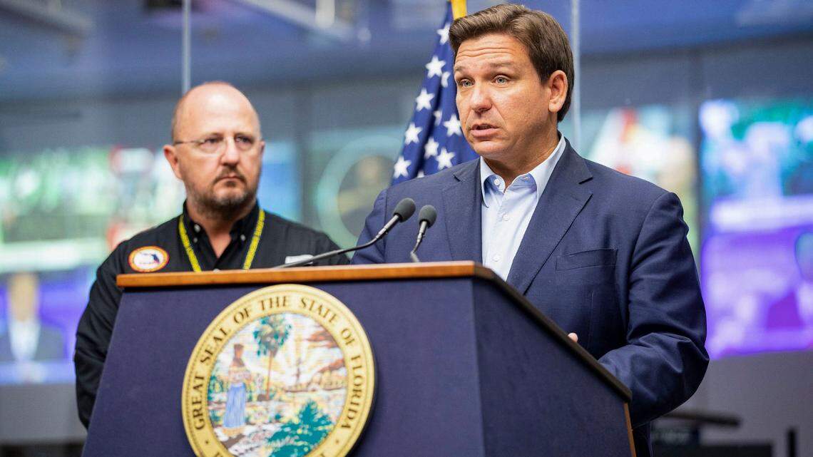 Florida Gov. Ron DeSantis speaks during a news conference at the Emergency Operations Center in Tallahassee, Fla. Sunday, Sept. 25, 2022.