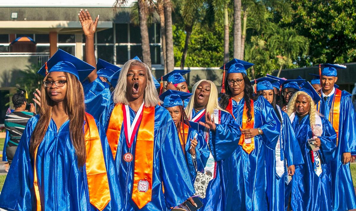 Students celebrate during the Spring 2022 Commencement ceremony at Florida Memorial University in Miami Gardens, on Saturday May 14, 2022.