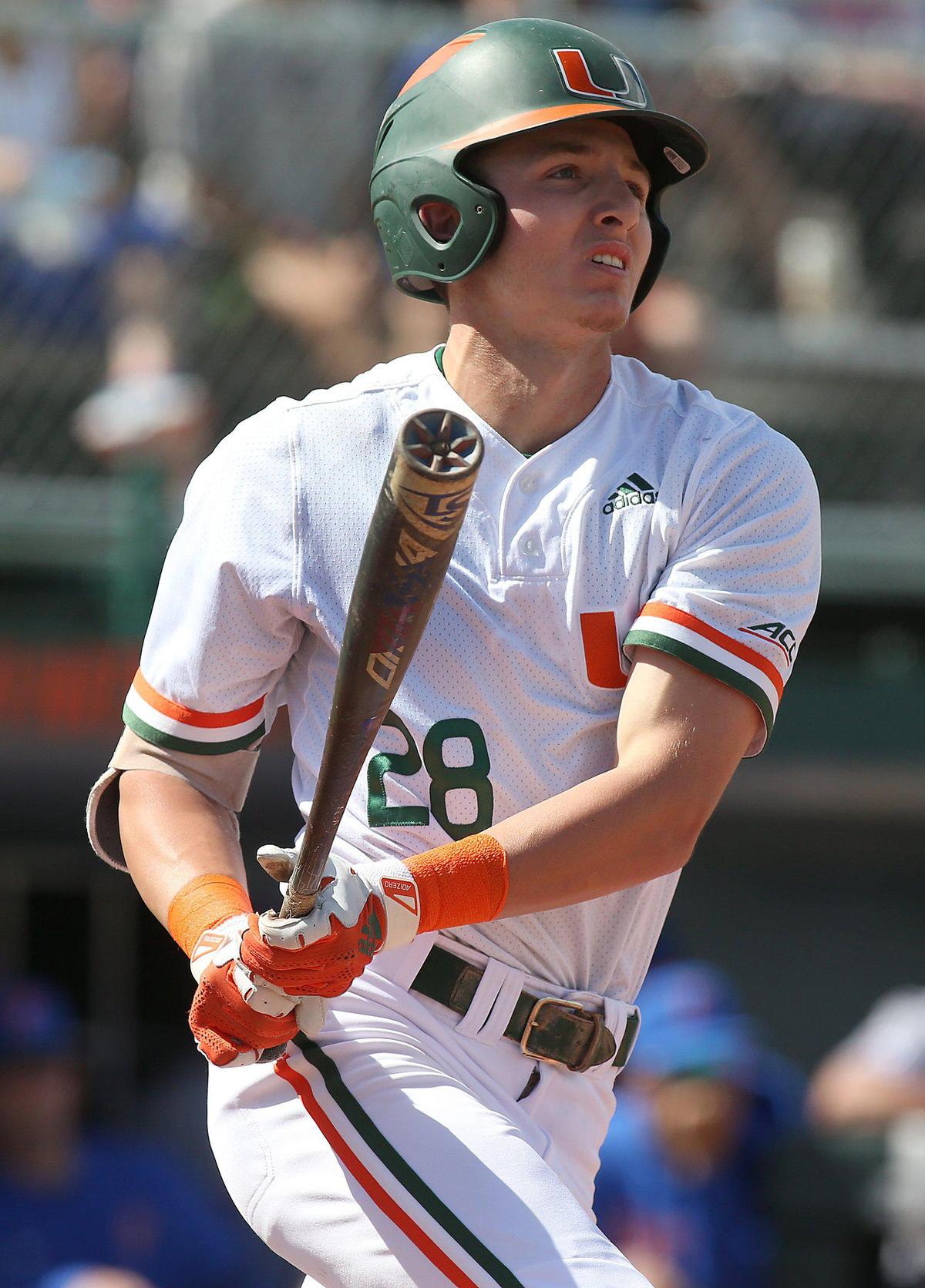 UM Hurricanes Jordan Lala (25) watches the ball during the final game of a three-game series against the University of Florida Gators on Sunday, February 23, 2020 at Alex Rodriguez Park at Mark Light Field in Coral Gables