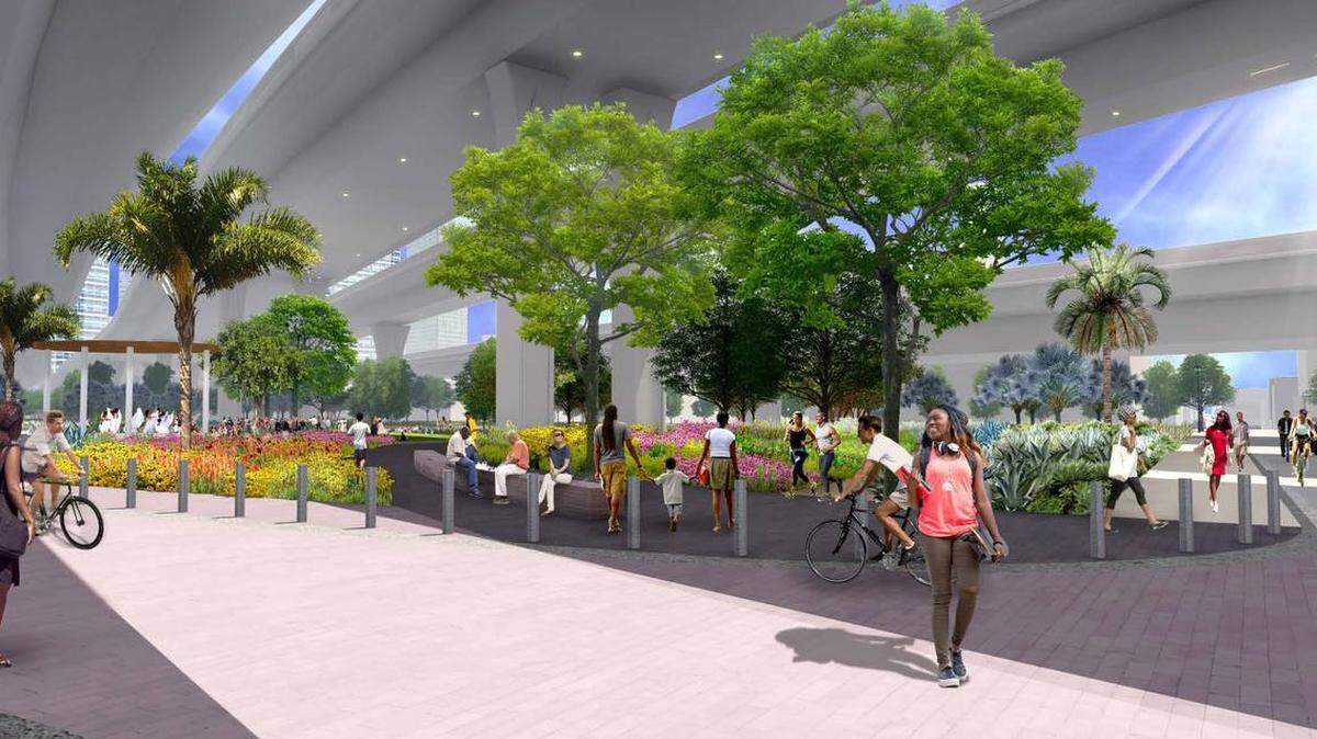 A rendering of a walking trail on the Underdeck, a Miami park planned on state land below I-395, which is being elevated as part of Florida’s “Signature Bridge” project. The Underdeck recently won a $60 million grant from the Biden administration.