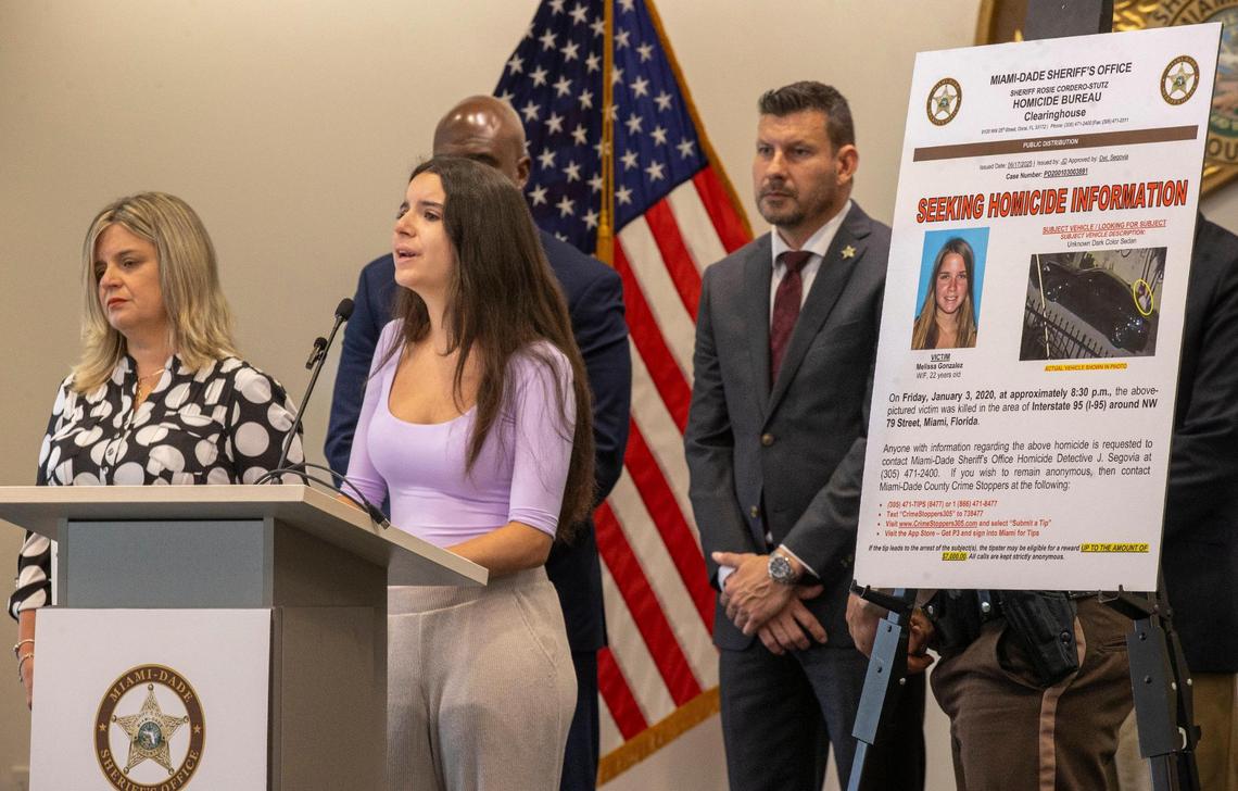 Melanie Machado, 14, speaks at a press conference about the death of her sister, Melissa Gonzalez, 22, at the Miami-Dade Sheriff’s Office on Tuesday, July 1, 2025, in Doral, Fla. Gonzalez was shot to death while driving down I-95 near Northwest 79th Street in Miami-Dade County on Jan. 3, 2020.