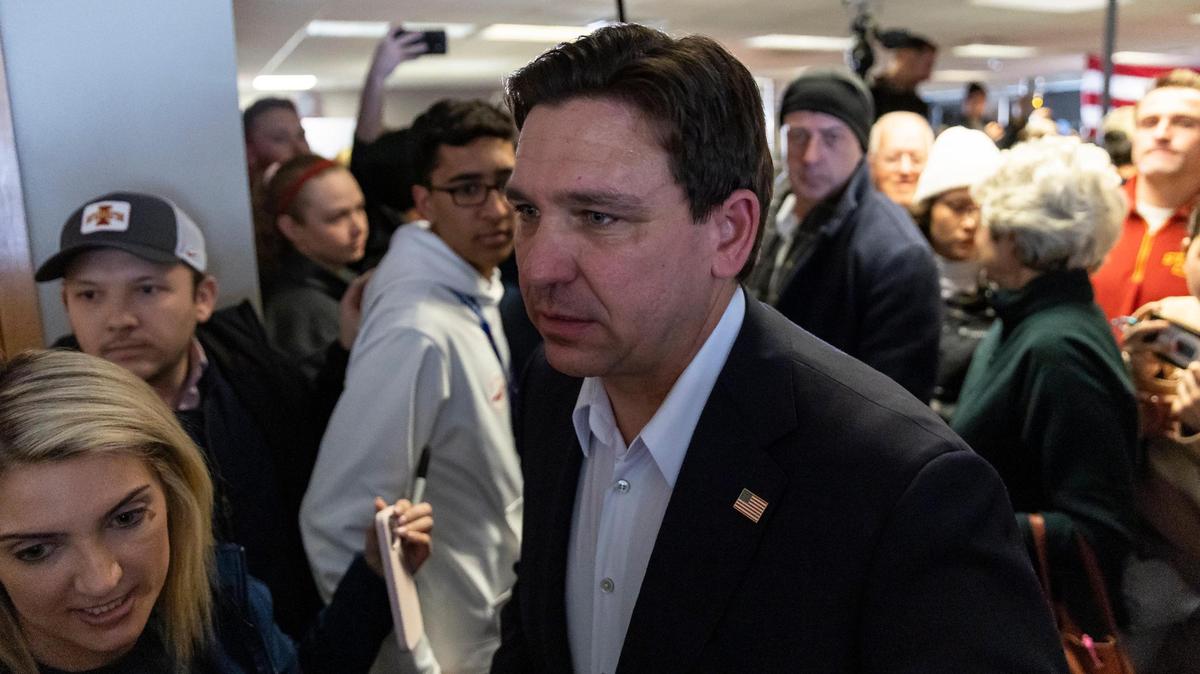 Florida Gov. Ron DeSantis leaves after attending a rally at the Never Back Down super PAC headquarters on Saturday, Jan. 13, 2024, in West Des Moines, Iowa. DeSantis, who is campaigning across Iowa, is running for the Republican presidential nomination.