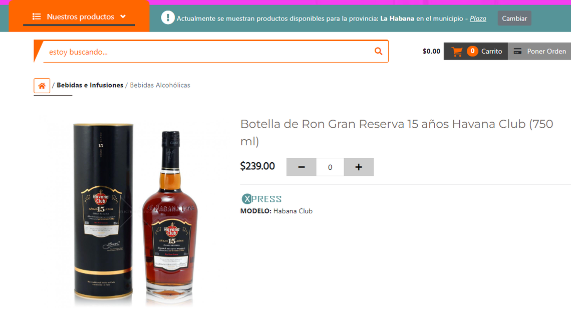 Screenshot of the website Cubamax.com offering Havana Club rum made in Cuba for sale.