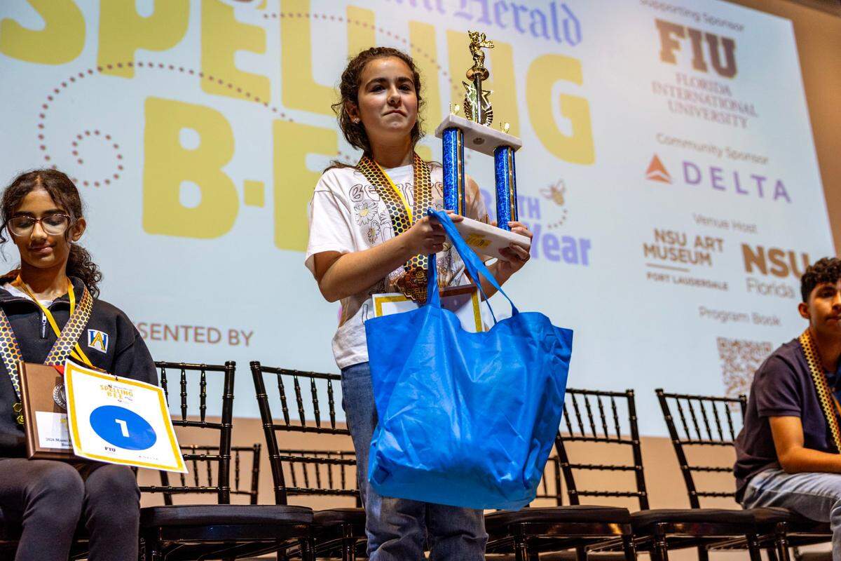 Fifth grader Jasmine Perez from Bayview Elementary School reacts after winning the Miami Herald Broward County Spelling Bee by spelling “Huckleberry” and “Merriment” at NSU Art Museum in Fort Lauderdale, Florida on Thursday, March 7, 2024.