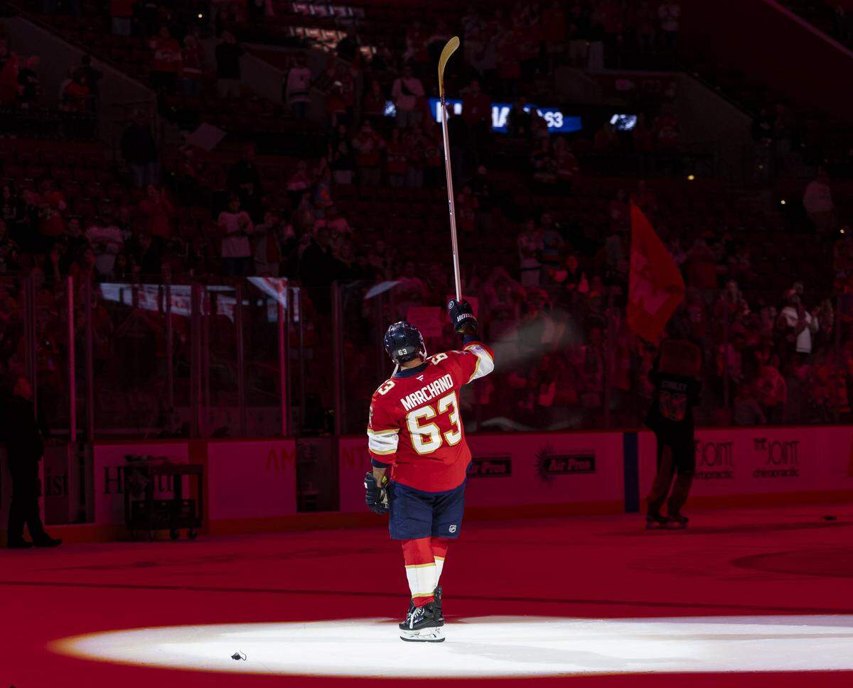 Florida Panthers left wing Brad Marchand (63) reacts after his NHL game against the Dallas Stars at Amerant Bank Arena on Saturday, Nov. 1, 2025, in Sunrise, Fla.