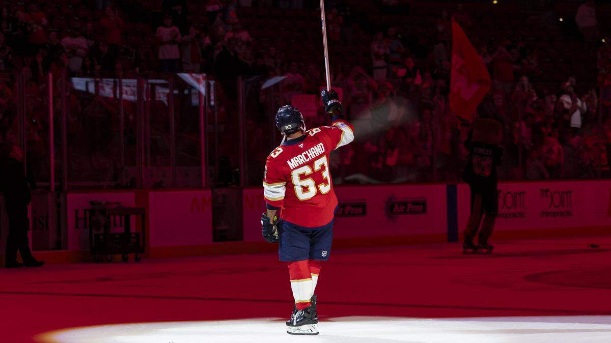 Florida Panthers left wing Brad Marchand (63) reacts after his NHL game against the Dallas Stars at Amerant Bank Arena on Saturday, Nov. 1, 2025, in Sunrise, Fla.