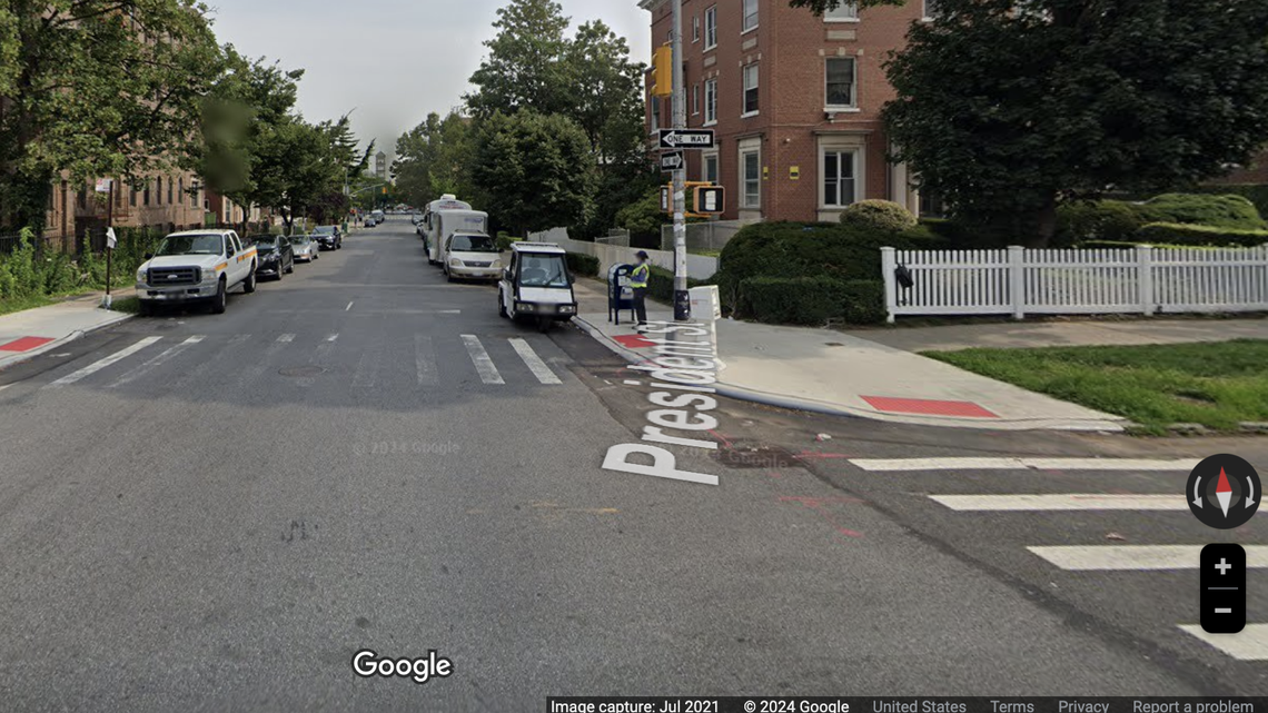 Intersection of President Street and Brooklyn Ave, where prosecutors say an explosive was thrown into a Verizon utility van in road rage outburst.