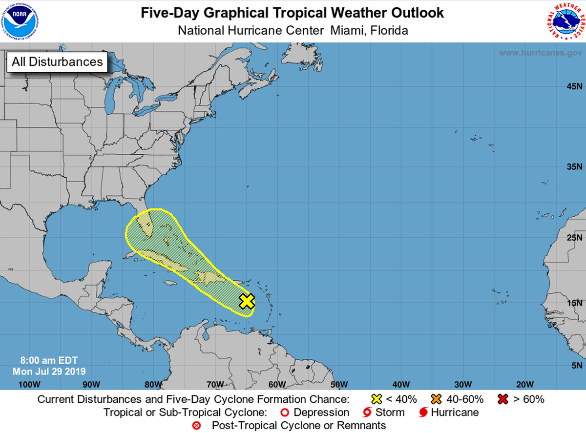 The National Hurricane Center forecast shows the system moving near or over the Straits of Florida and the Bahamas by the end of the week and into next weekend, with a 20 percent chance of development in the next five days.