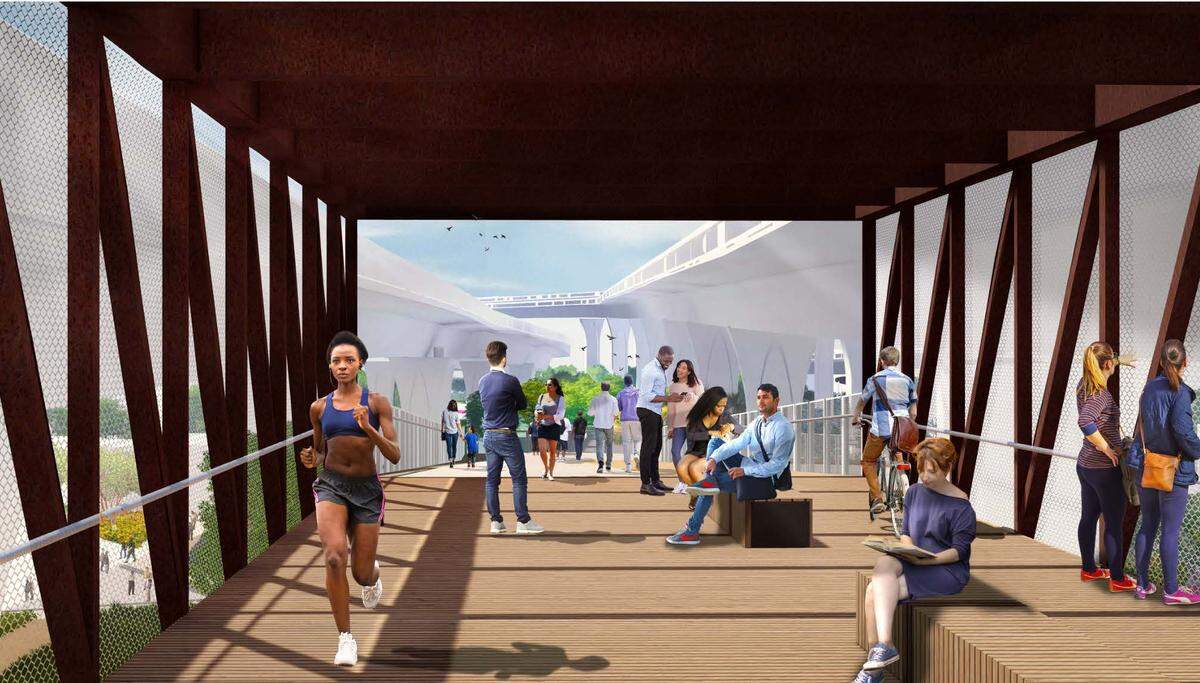 A rendering of a pedestrian bridge at The Underdeck below I-395