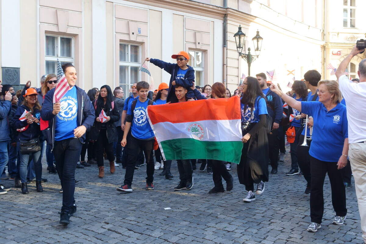 The South Florida Youth Symphony musicians and chaperones presented a City of Miami flag during the opening ceremonies of the Young Bohemia Prague 2019 music festival.&nbsp;The students were awarded a Gold Medal at the prestigious event.