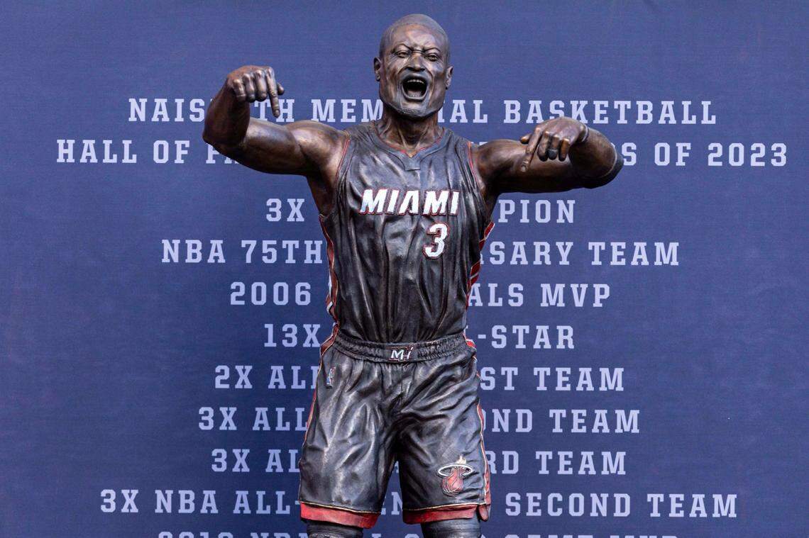 The statue of Miami Heat icon Dwyane Wade unveiled in front of the Kaseya Center on October 27, 2024, in Miami. The statue has drawn criticsim for iits likeness to Wade.