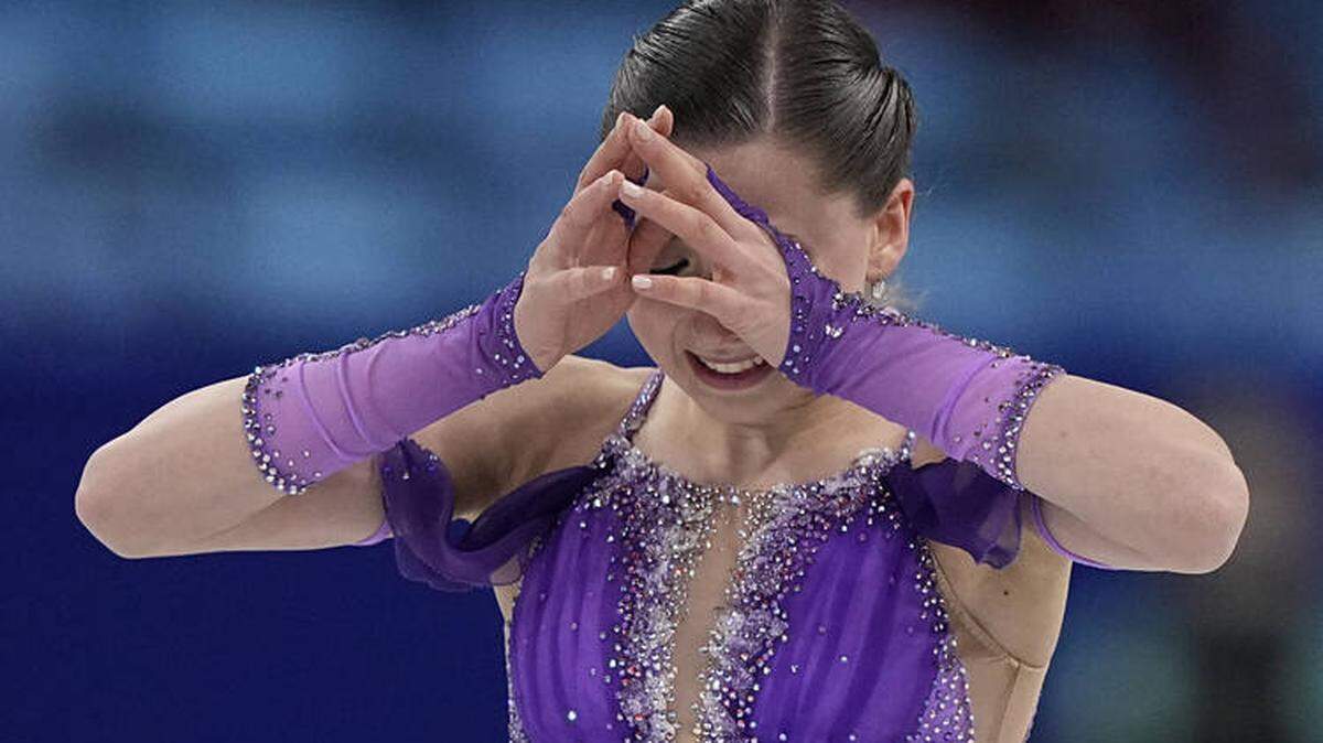 Kamila Valieva, of the Russian Olympic Committee, reacts in the women’s short program during the figure skating at the 2022 Winter Olympics, Tuesday, Feb. 15, 2022, in Beijing. (AP Photo/David J. Phillip)