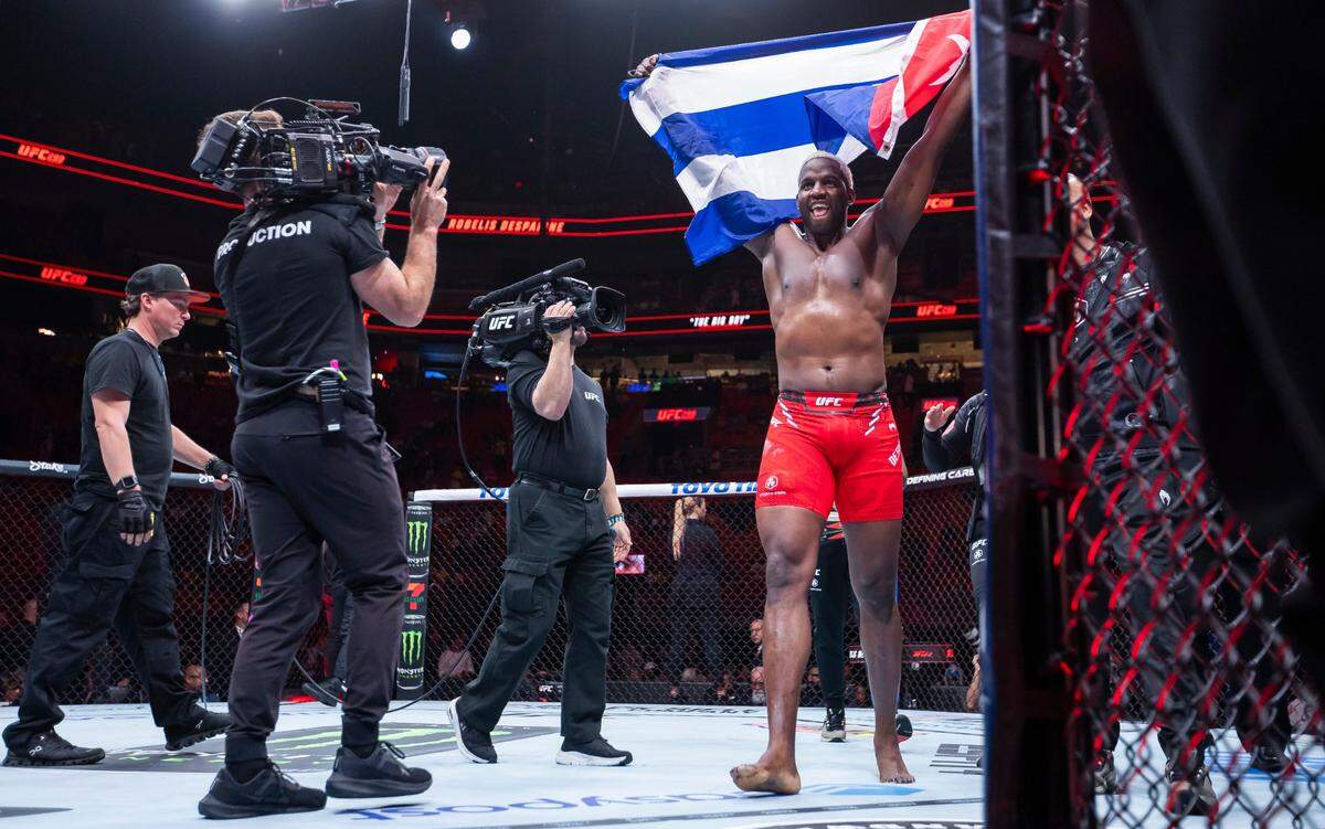 Robelis Despaigne from Cuba reacts after defeating Josh Parisian of the United States during their heavyweight title match during the UFC 299 event at the Kaseya Center on Saturday, March 9, 2024, in downtown Miami, Fla.