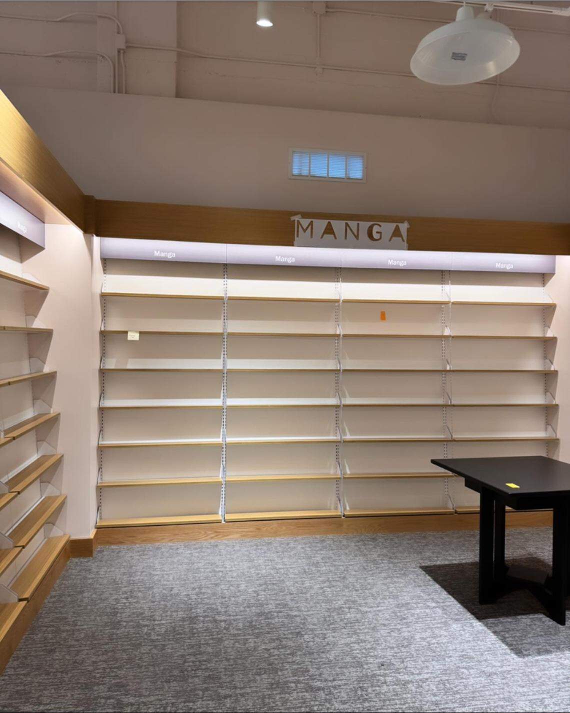 These bare shelves, seen on Aug. 10, 2025, less than a month before the Colonial Palms Plaza Barnes & Noble opens at 13605 S. Dixie Hwy. They will be filled with manga merchandise and books by the store’s opening on Sept. 3.