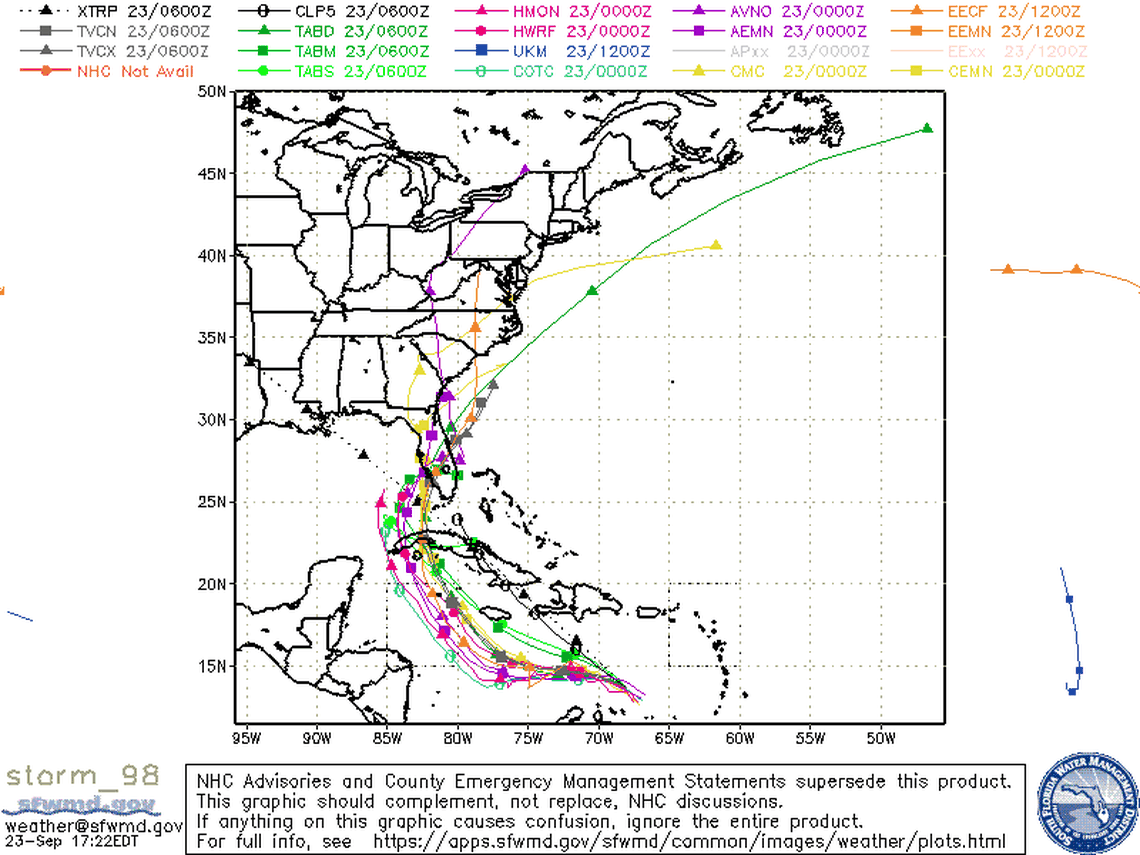 Multiple computer models that project possible storm paths suggest that tropical Depression 9, current forecast to near Florida as a Category 3 hurricane, could develop into the next tropical storm of the season and head west into the Caribbean Sea. This array of models, from Friday afternoon, is a one-time prediction and will shift. It is not official guidance from the National Hurricane Center.