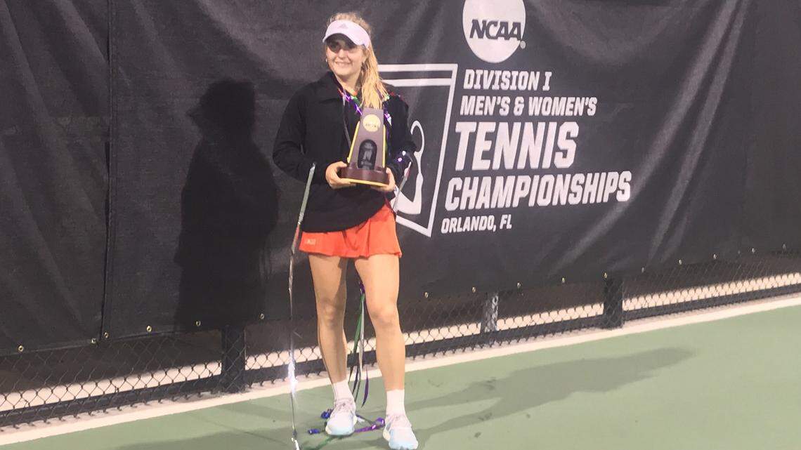 University of Miami’s Estela Perez-Somarriba defeats University of Georgia’s Katarina Jokic 6-7 (1-7), 6-2, 5-3 to win the NCAA women’s tennis singles national championship.