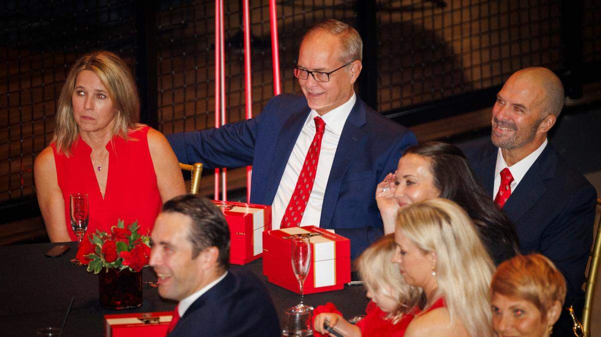 Head Coach Paul Maurice, center, and Bill Zito, general manager, right, laugh during the Florida Panthers 2024 Champions Ring Ceremony on Monday, Oct. 7, 2024, at FTL War Memorial Auditorium in Fort Lauderdale, Fla.