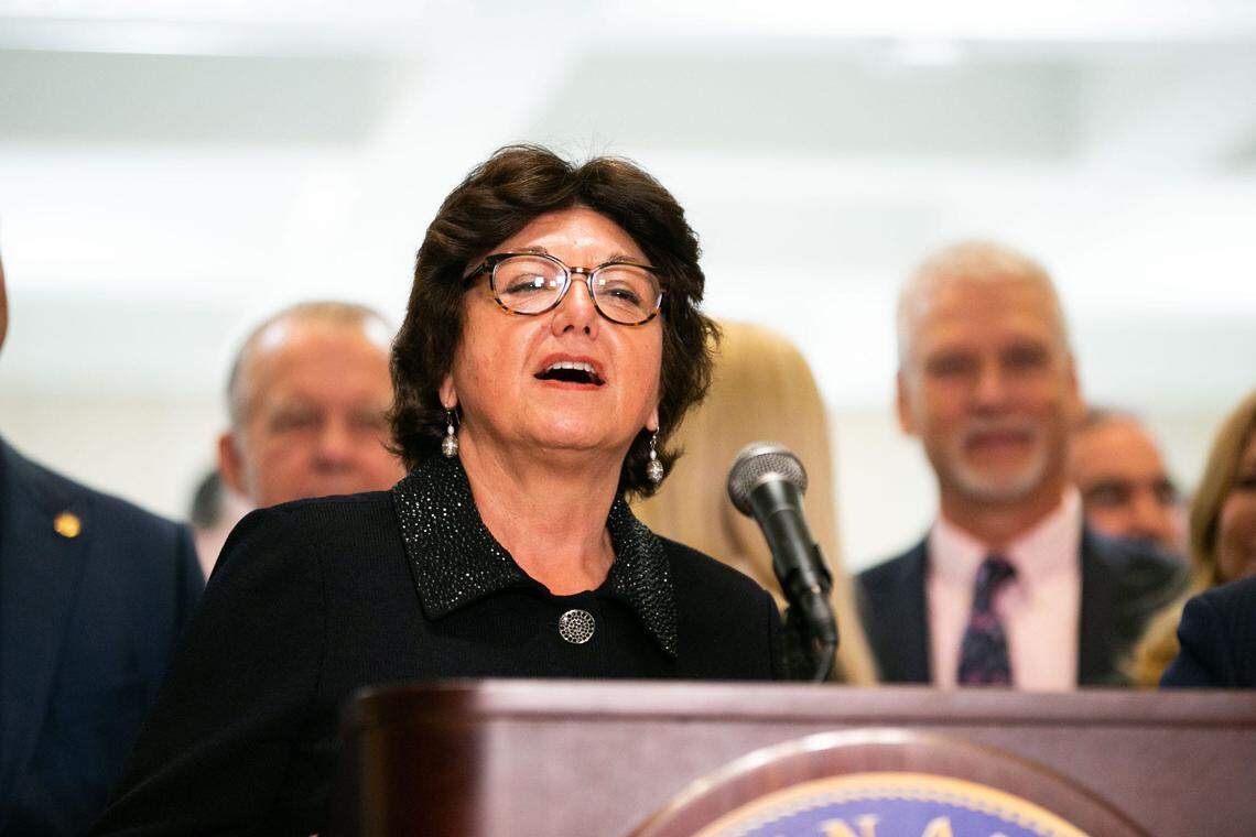Senate President Kathleen Passidomo remarks on the success of the 2023 legislative session in the Capitol in Tallahassee on Friday, May 5, 2023.