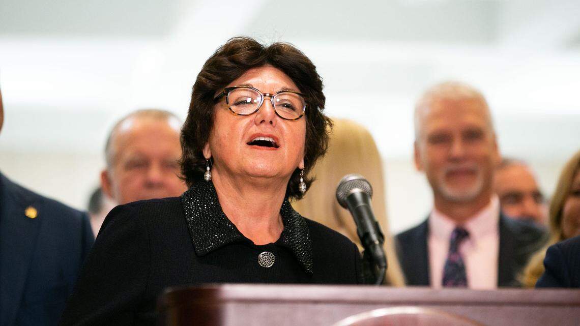 Senate President Kathleen Passidomo remarks on the success of the 2023 legislative session in the Capitol in Tallahassee on Friday, May 5, 2023.