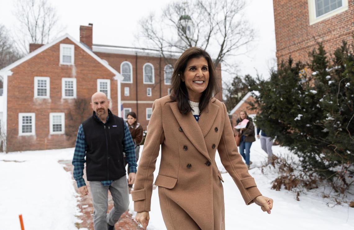 Former United Nations Ambassador Nikki Haley leaves the Peterborough Town Hall after speaking at a rally on Saturday, Jan. 20, 2024, in Peterborough, New Hampshire.