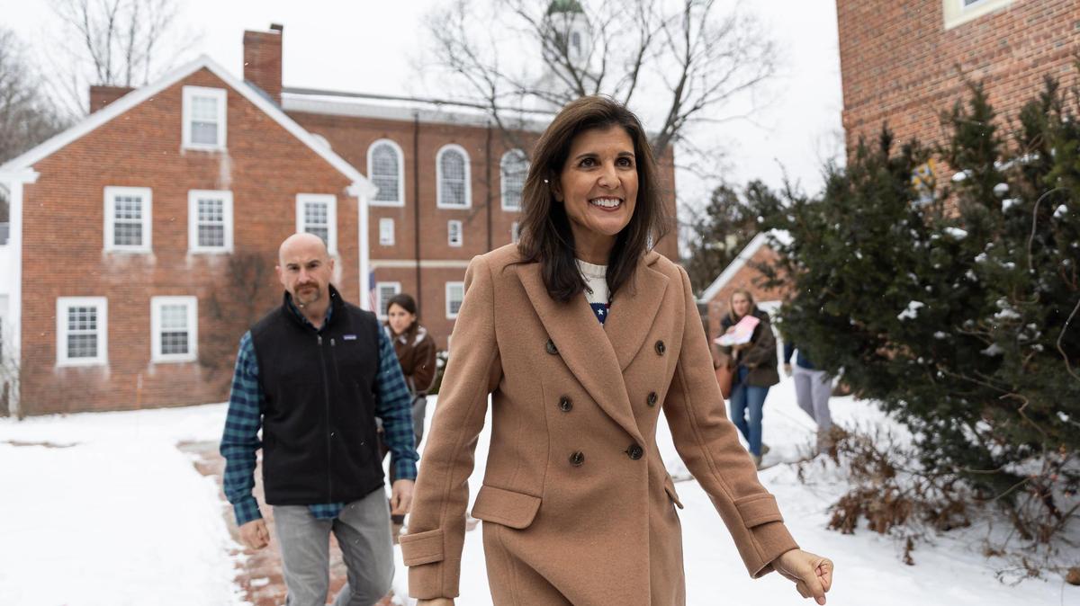 Former United Nations Ambassador Nikki Haley leaves the Peterborough Town Hall after speaking at a rally on Saturday, Jan. 20, 2024, in Peterborough, New Hampshire.