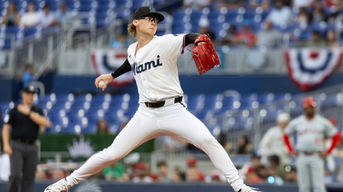 Miami Marlins starting pitcher Max Meyer (23) pitches against the Los Angeles Angels in the first inning of their MLB game at loanDepot park on Monday, April 1, 2024, in Miami, Fla.