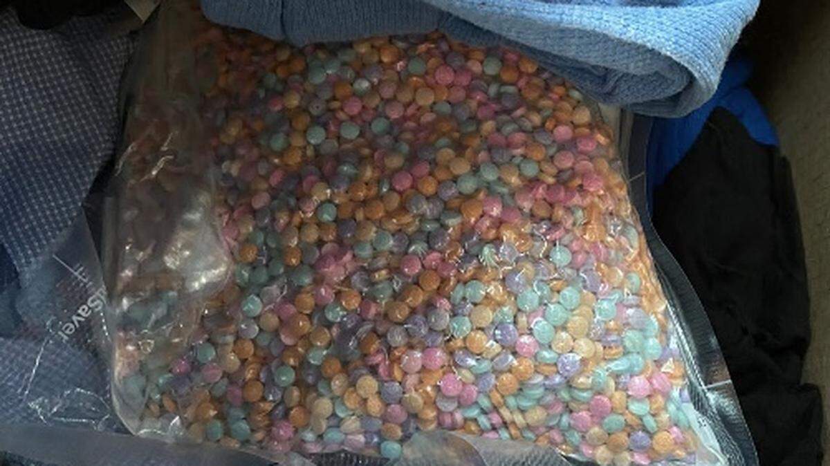 This photo of seized rainbow-colored, pressed fentanyl pills was introduced into the Miami federal court record during Luis Tejada Velasquez’s sentencing on Wednesday, May 15, 2024.