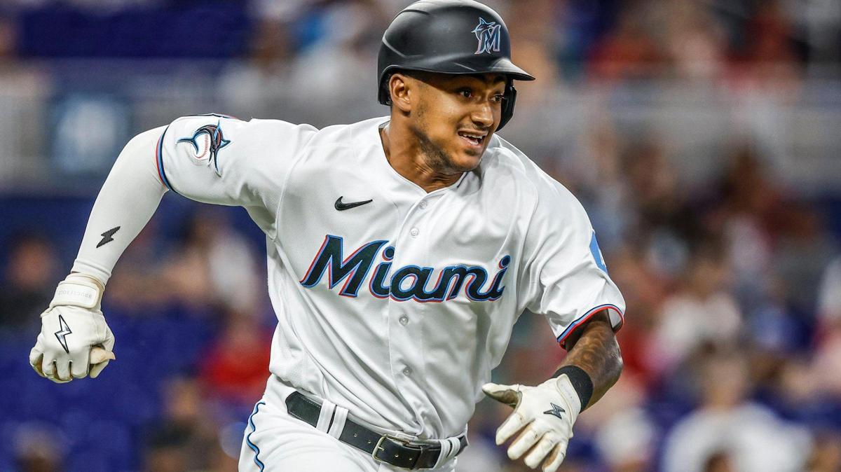 Miami Marlins center fielder Dane Myers (54) reacts after bringing in Miami Marlins Garrett Cooper (26) on a single in the first inning agaInst St. Louis Cardinals at loanDepot park in Miami on Wednesday, July 5, 2023.
