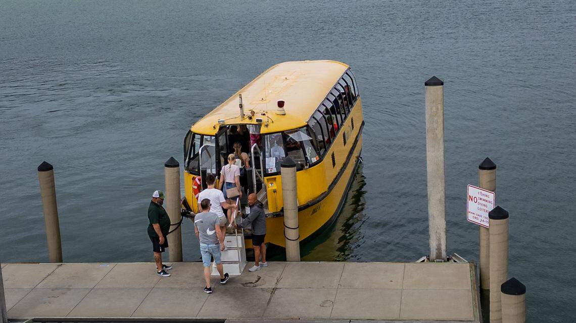 Passengers embark at Maurice Gibb Memorial Park a vessel part of the free water taxi service established last January, between the Maurice Gibb Memorial Park in Miami Beach and the Venetian Marina and Yacht Club at North Bayshore Drive on the Miami side of Biscayne Bay, on Wednesday, April 15, 2026.