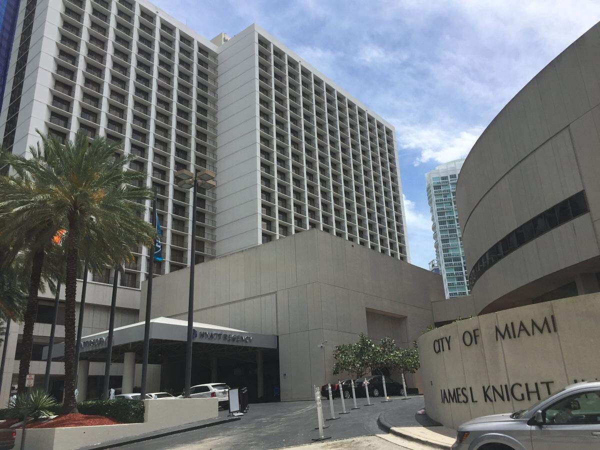 This is a view of the Hyatt Regency and the adjacent John S. and James L. Knight Center on the river in downtown Miami.