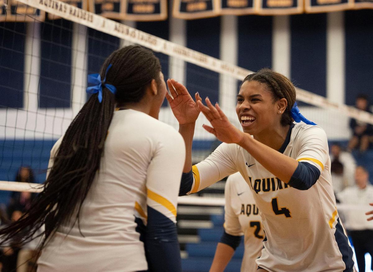 Kyleigh Shelton (4) high fives Zori Brown (6) after she scores a point during the regional volleyball championship against Lourdes Academy on Wednesday, Nov. 1, 2023, at St. Thomas Aquinas School in Fort Lauderdale.