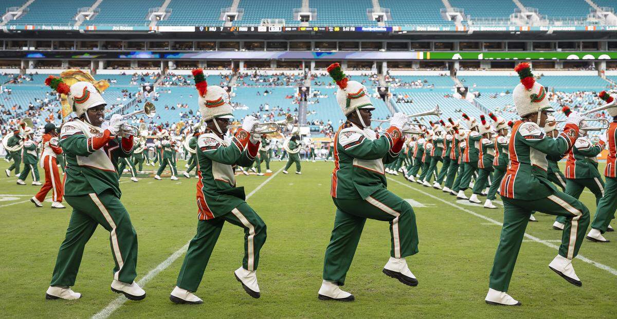 The Marching 100 performs during the halftime of the Orange Blossom Classic football game between Howard Bison and Florida A&M Rattlers at Hard Rock Stadium on Saturday, Aug. 30, 2025, in Miami Gardens, Fla.