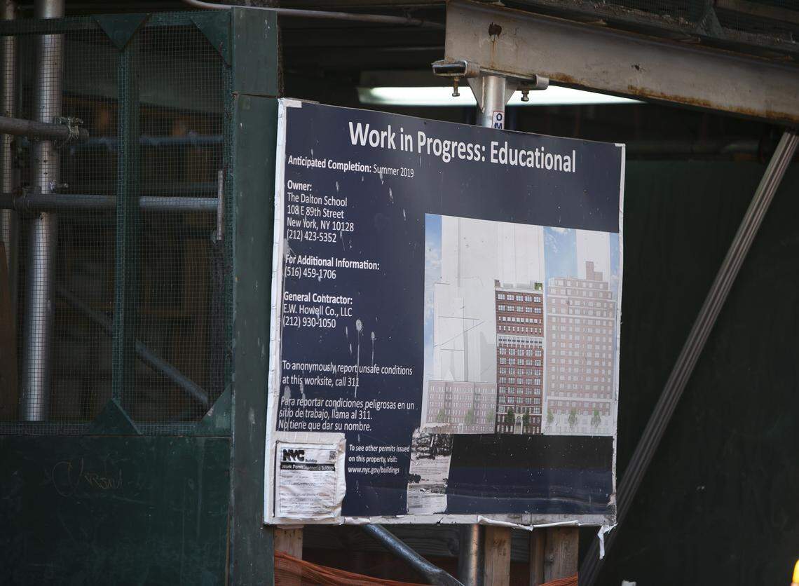 The Dalton School, a private college preparatory school on New York City’s Upper East Side. The middle and high school building at 108 E. 89th St., one of its three buildings, is undergoing a major reconstruction.