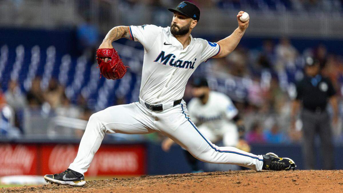 Miami Marlins pitcher Tanner Scott (66) throws the ball during the ninth inning of an MLB game at LoanDepot Park in Miami, Florida, on Tuesday, April 16, 2024.