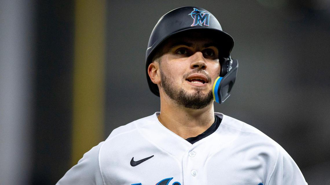 Miami Marlins third baseman Jordan Groshans (65) reacts to flying out during the third inning of an MLB game against the Philadelphia Phillies at loanDepot park in the Little Havana neighborhood of Miami, Florida, on Tuesday, September 13, 2022.