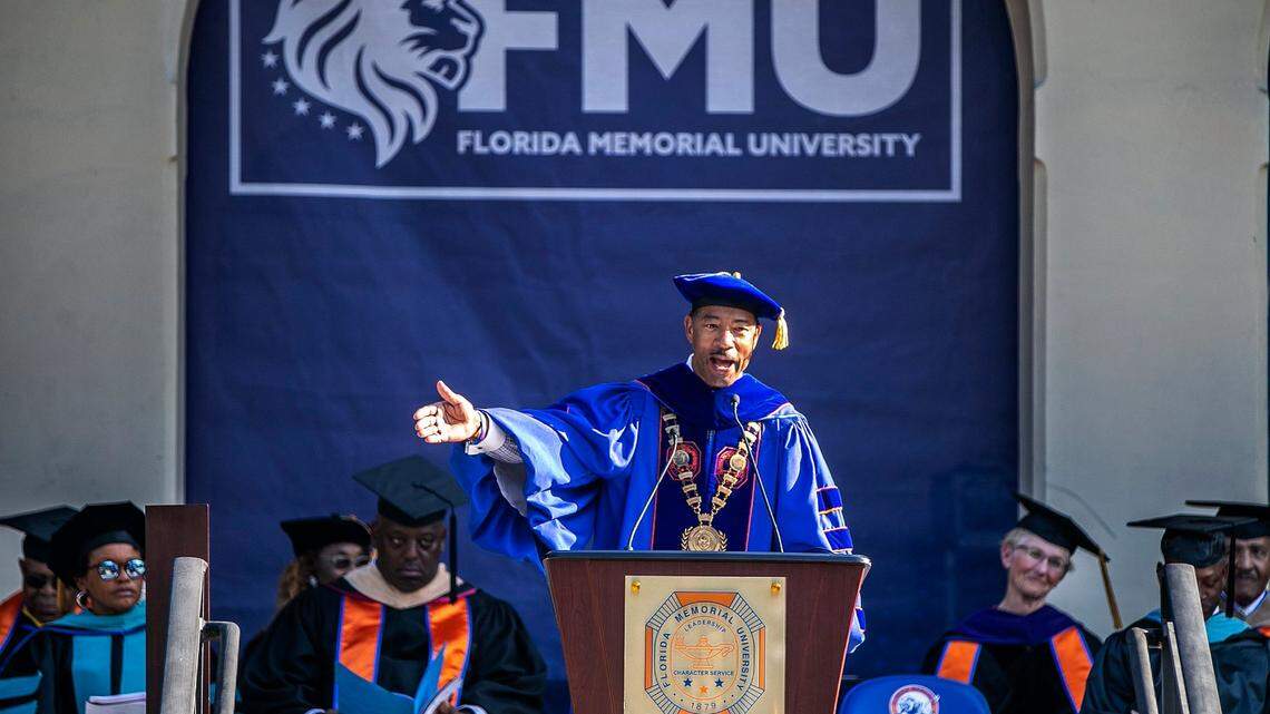 President Dr. Jaffus Hardrick addresses graduates during the Spring 2022 commencement ceremony at Florida Memorial University in Miami Gardens.