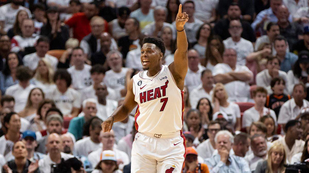 Miami Heat guard Kyle Lowry (7) signals to his teammates while playing against the New York Knicks in the second quarter of Game 4 of the NBA Eastern Conference Semifinals at the Kaseya Center in Miami on Monday, May 8, 2023.