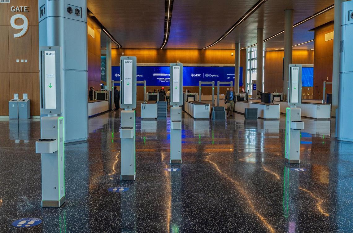 Interior view of the gate 9 entrance at the new MSC Cruises’ Terminal AA, designed by Miami’s Architecture Studio Arquitectonica, at PortMiami, which is the world’s largest cruise terminal, capable of accommodating three ships simultaneously and processing up to 36,000 guests daily, on Saturday April 05, 2025.