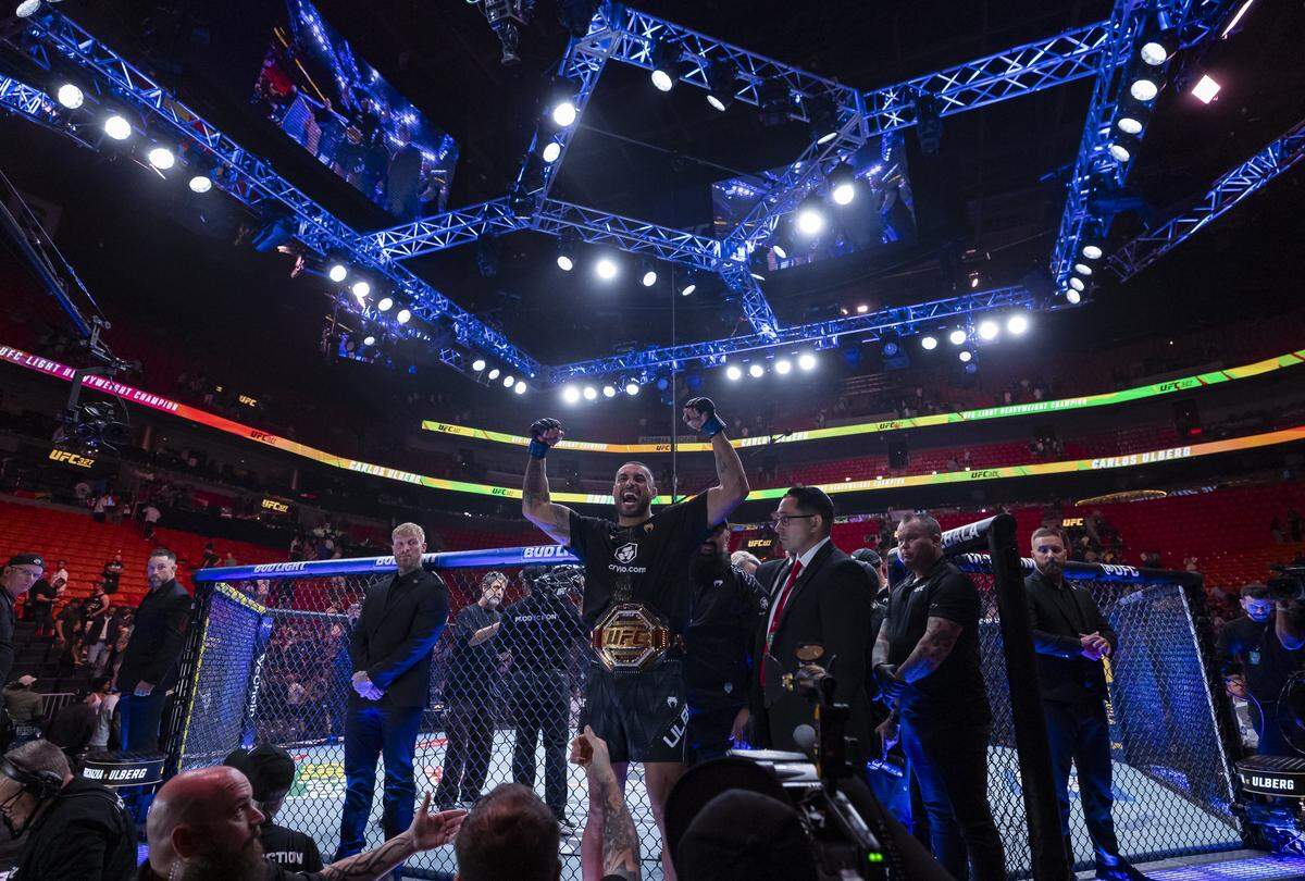 Carlos Ulberg of New Zealand celebrates after defeating Jiří Procházka of Czechia in their light heavyweight title bout at UFC 327 at the Kaseya Center on Saturday, April 11, 2026, in downtown Miami, Fla.