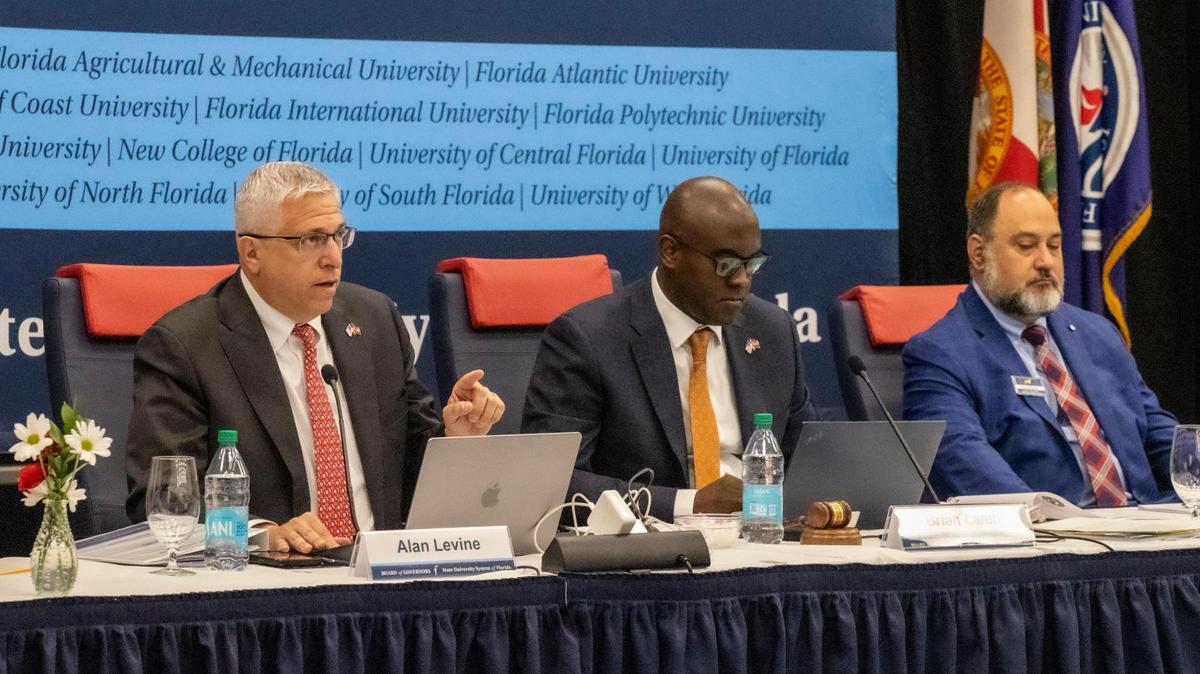 Alan Levine (left) speaks during the state university system’s Board of Governors meeting at Florida Atlantic University on Wednesday, June 18, 2025, in Boca Raton, Florida.
