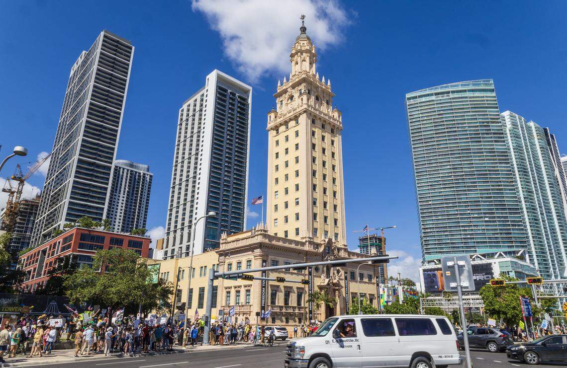 Protesters marched from the Torch of Friendship to the Freedom Tower, on Biscayne Boulevard in downtown Miami, during the ‘No Kings’ anti-Trump protest.